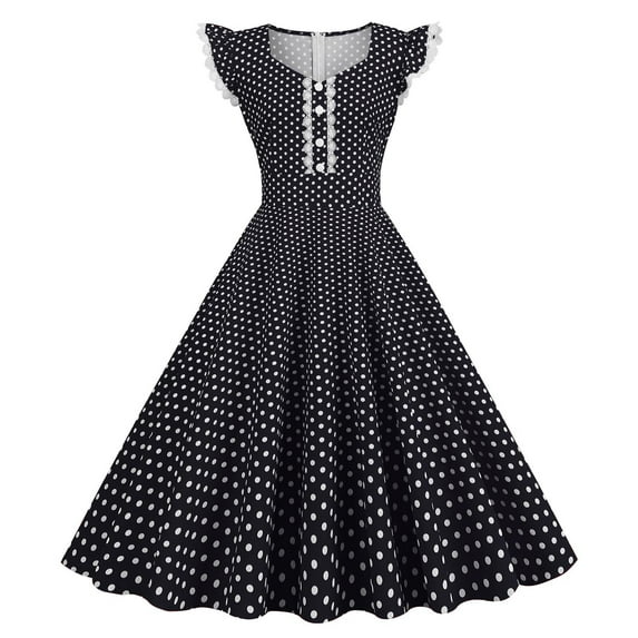Brglopf 1950s Retro Rockabilly for Women Sleeveless Lace V-Neck Vintage Cocktail Party Dress Polka Dot A-Line Swing Tea Dresses Black M
