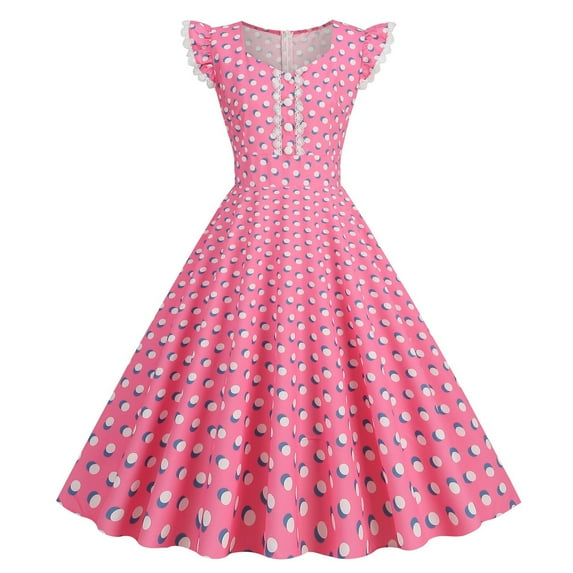 Brglopf 1950s Retro Rockabilly for Women Sleeveless Lace V-Neck Vintage Cocktail Party Dress Polka Dot A-Line Swing Tea Dresses Pink M