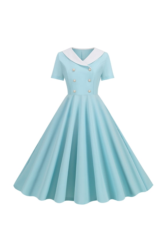 1960s Dresses for Women Lapel Double Breasted Dress 50sVintage Polka Dot Rockabilly Dresses Retro Tea Party Dress Light Blue S