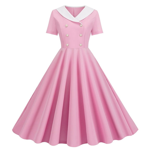 Brglopf 1960s Dresses for Women Lapel Double Breasted Dress 50sVintage Polka Dot Rockabilly Dresses Retro Tea Party Dress Pink XL