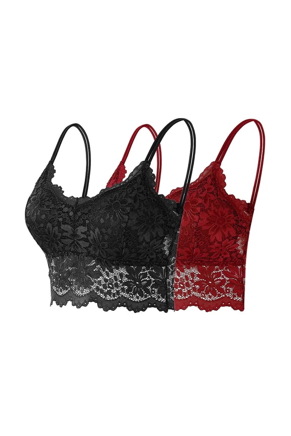 2/3/5 Pack Bralettes for Women Floral Lace Wireless Bra V Neck Racerback Crop Top Adjustable Spaghettic Strap Camisole Bras 2 Pack-Black/Wine M