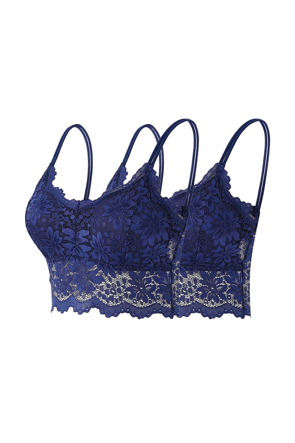 2/3/5 Pack Bralettes for Women Floral Lace Wireless Bra V Neck Racerback Crop Top Adjustable Spaghettic Strap Camisole Bras 2 Pack-Navy M