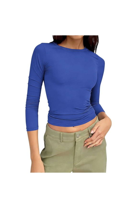 3/4 Sleeve T Shirts for Women Fall Fashion Round Neck Basic Y2K Crop Tops Base Layer Slim Fitted Blouse(Blue,XXL)