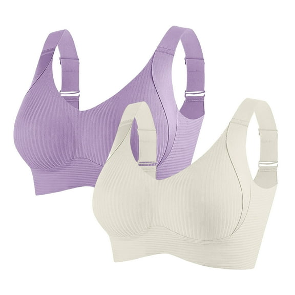 Brglopf 3 Pack Women's Push Up Adjustable Wireless Bra Ribbed Seamless Full Support Sports Bras Cozy Breathable Bralettes 2 Pack-Purple/Beige M