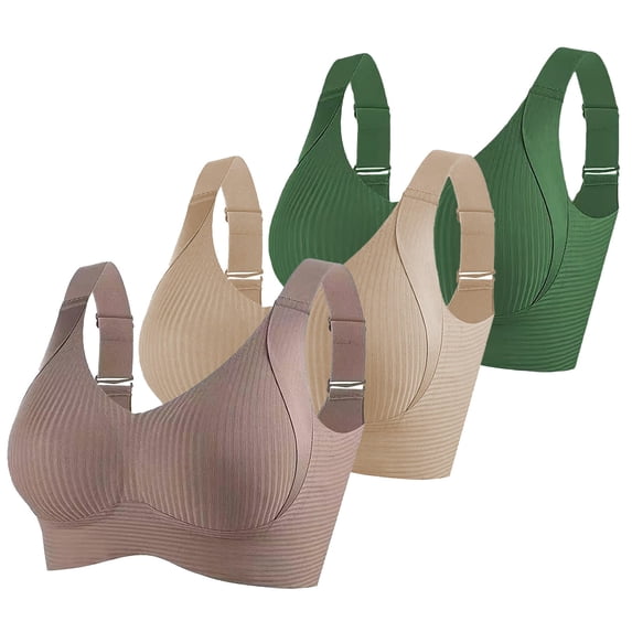 Brglopf 3 Pack Womens Push Up Wireless Bra Adjustable Seamless Ribbed Full Support Sports Bras Soft Comfy Plus Size Everyday Bralettes 3 Pack-Coffee/Khaki/Green M
