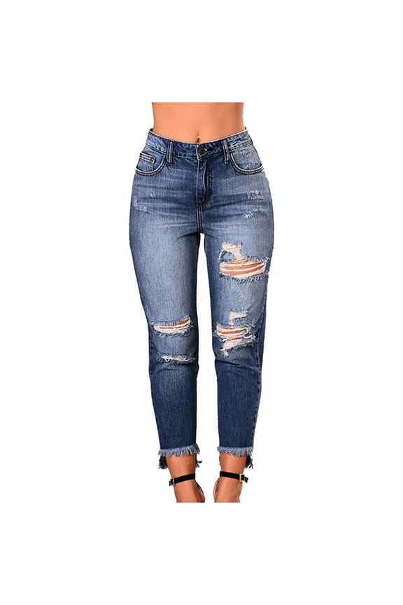 Capri Jeans for Women Stretch High Waisted Distressed Denim Capris Ripped Skinny Cropped Pants with Pockets