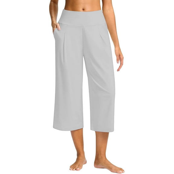 Brglopf Capri Pants for Women Wide Leg Yoga Casual Cropped Pants with Pockets Loose Tummy Control High Waist Capris Gray S