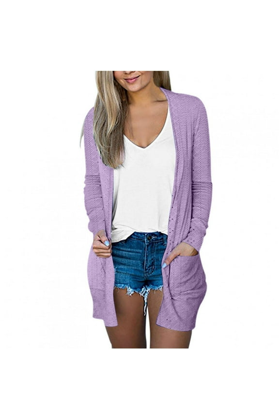 Cardigan for Women Lightweight Casual Open Front Cardigans Fall Fashion Long Sleeve Eyelet Crochet Outwear Coat with Pockets(Purple,M)