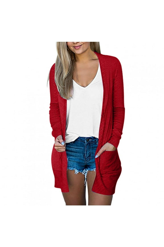Cardigan for Women Lightweight Casual Open Front Cardigans Fall Fashion Long Sleeve Eyelet Crochet Outwear Coat with Pockets(Red,XXL)