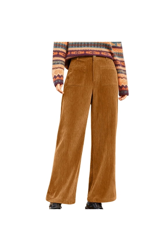 Corduroy Pants Women Elastic High Waisted Wide Leg Business Pants Trendy Patch Pocket Fall Winter Dressy Casual Trousers Coffee M
