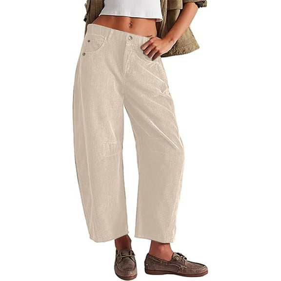 Brglopf Corduroy Pants for Women Casual High Waist Straight Leg Cropped Pants Loose Comfy Harem Trousers with Pockets