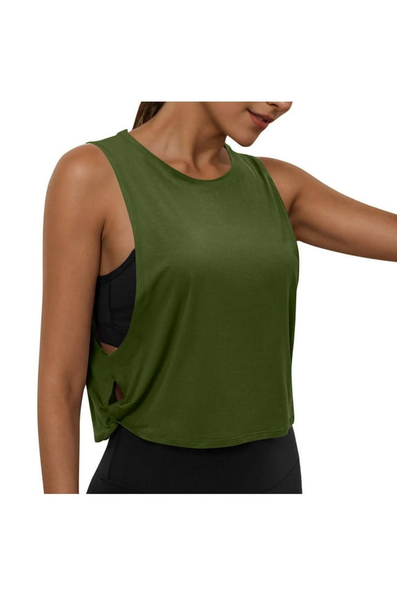 Cotton Cropped Workout Tank Tops for Women - Sleeveless Sports Athletic Yoga Running Gym Crop Shirts Oversized Loose Basic Summer Tees(Army Green,M)