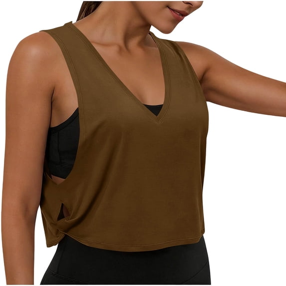 Brglopf Cotton Cropped Workout Tank Tops for Women - Sleeveless Sports Athletic Yoga Running Gym Crop Shirts Oversized Loose Basic Summer Tees(z1-Brown,S)