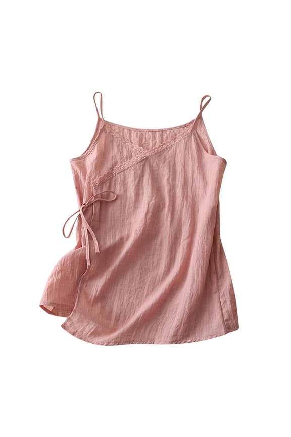 Cotton Linen Camisole Tops for Women Spaghetti Strap Loose Fit Tank Top Cami Summer Casual Vintage Flowy Sleeveless Shirts(Pink,M)