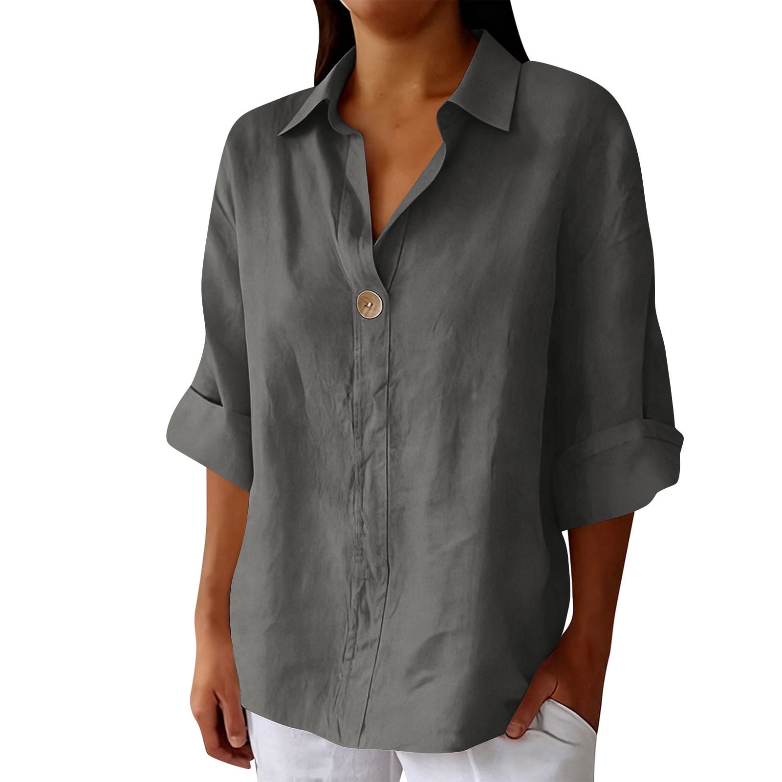 Brglopf Cotton Linen Shirts for Women Loose Fit 3/4 Sleeve Button ...