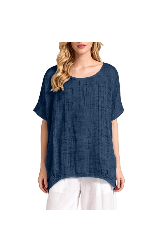 Cotton Linen Shirts for Women Summer Trendy Crewneck Short Sleeve Gauze Tops Casual Loose Fit Comfy Blouses(Navy,M)
