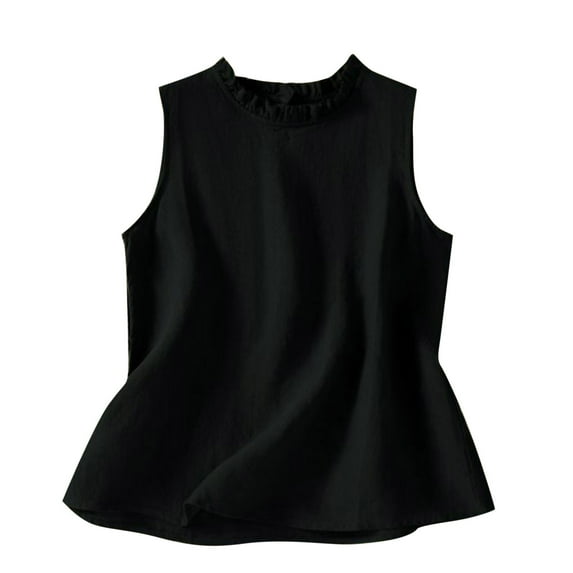 Brglopf Cotton Linen Tank Tops for Women Summer Sleeveless Frill Mock Neck Blouse Dressy Casual Solid Color Loose Fit Shirts(Black,XL)