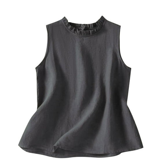Brglopf Cotton Linen Tank Tops for Women Summer Sleeveless Frill Mock Neck Blouse Dressy Casual Solid Color Loose Fit Shirts(Gray,3XL)