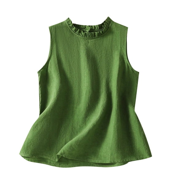 Brglopf Cotton Linen Tank Tops for Women Summer Sleeveless Frill Mock Neck Blouse Dressy Casual Solid Color Loose Fit Shirts(Green,XL)