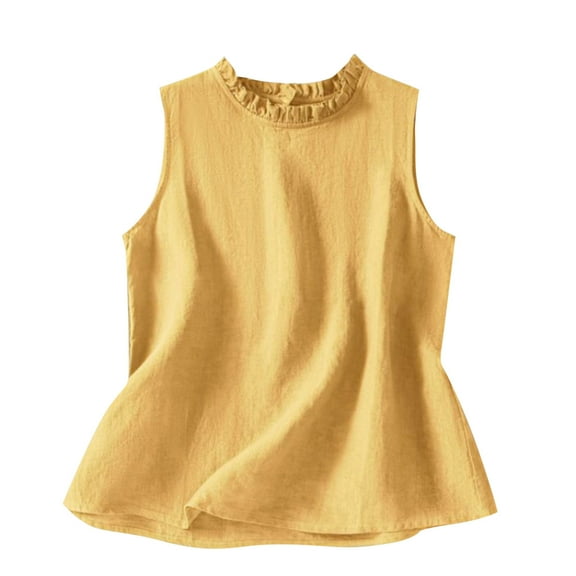 Brglopf Cotton Linen Tank Tops for Women Summer Sleeveless Frill Mock Neck Blouse Dressy Casual Solid Color Loose Fit Shirts(Yellow,M)