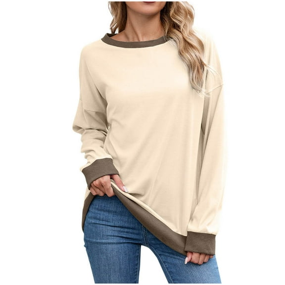 Brglopf Crewneck Sweatshirts for Women Long Sleeve Tops Color Block Ribbed Trim Fashion Loose Fit Pullover Shirts Beige L
