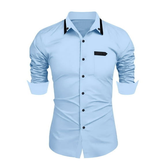 Brglopf Dress Shirts for Men Slim Fitted Long Sleeve Button Down Shirt Solid Color Lapel Formal Business Shirts with Pockets