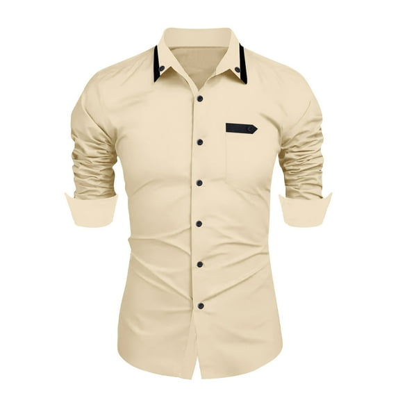 Brglopf Dress Shirts for Men Slim Fitted Long Sleeve Button Down Shirt Solid Color Lapel Formal Business Shirts with Pockets