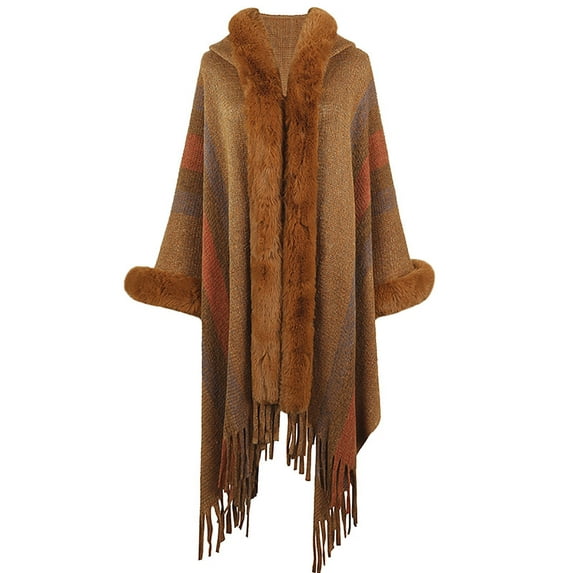 Brglopf Faux Fur Shawl Wraps for Women Open Front Striped Fringed Cardigan Color Block Cloak Coat Knitted Winter Poncho Capes