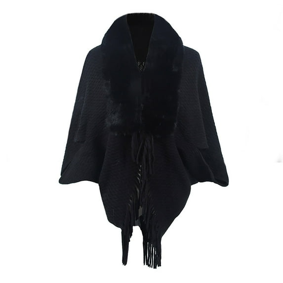 Brglopf Faux Fur Shawl Wraps for Women Open Front Waffle Cardigan Knitted Sweaters Solid Fringe Cloak Coat Warm Winter Poncho Capes
