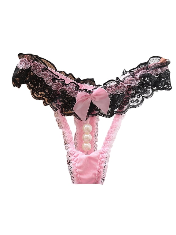 Floral Lace G-string Thong for Women Bow-Knot Pearl Ball Comfy T-back Panties Lingerie
