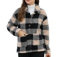thumbnail image 1 of Brglopf Fuzzy Sherpa Fleece Jackets for Women Casual Lapel Button Down Shackets Trendy Warm Plaid Winter Coats Outwear with Pockets(Khaki,L), 1 of 9