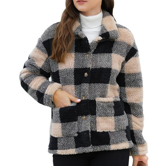Brglopf Fuzzy Sherpa Fleece Jackets for Women Casual Lapel Button Down Shackets Trendy Warm Plaid Winter Coats Outwear with Pockets(Khaki,L)
