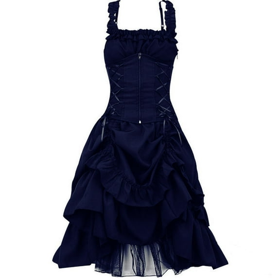 Brglopf Gothic Steampunk Dresses for Women Plus Size Sleeveless Corset Tiered Ruffle Dress Vintage Medieval Dress Renaissance Costumes(Dark Blue,XL)