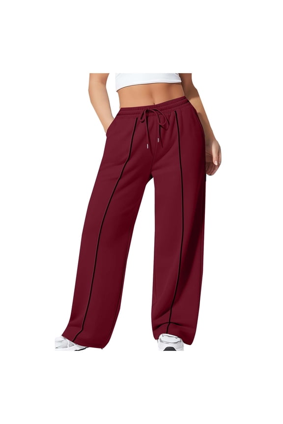 High Waisted Sweatpants for Women Elastic Front Seams Wide Leg Sweat Pants Drawstring Loose Joggers Pants with Pockets Wine L