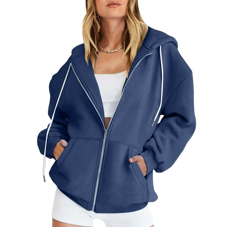 Brglopf Hoodie for Women Lightweight Zip up Jacket Long Sleeve Zipper Hooded Sweatshirt Solid Color Drawstring Jackets with Pocktets Navy M Walmart