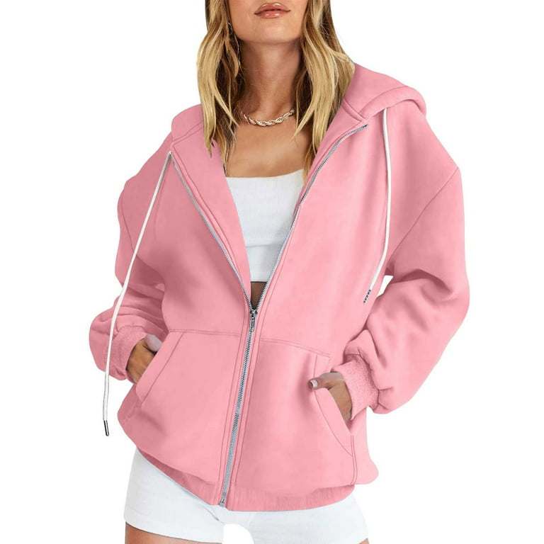 Brglopf Hoodie for Women Lightweight Zip up Jacket Long Sleeve Zipper Hooded Sweatshirt Solid Color Drawstring Jackets with Pocktets Pink M Walmart