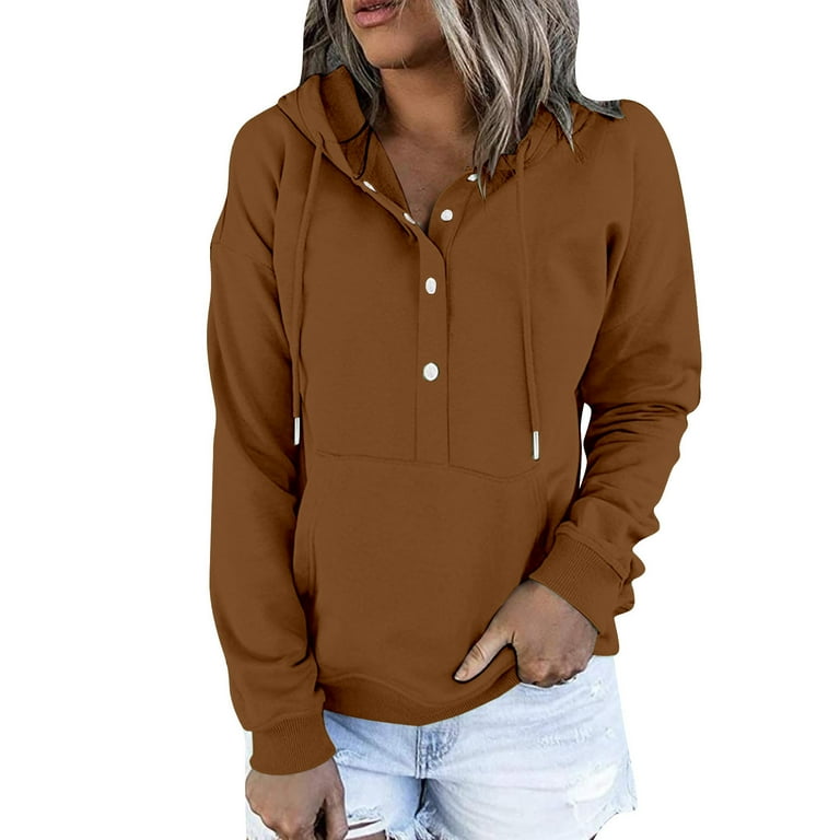 Brglopf Hoodie for Women Solid Color Sweatshirt Button Down Teen Tops Casual Long Sleeve Drawstring Pullover with Pocket