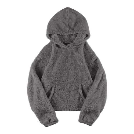 Brglopf Hoodies for Womens Lightweight Pullover Cropped Hoodie Fall Winter Warm Fuzzy Sherpa Fleece Hooded Sweatshirt with Pockets Gray M