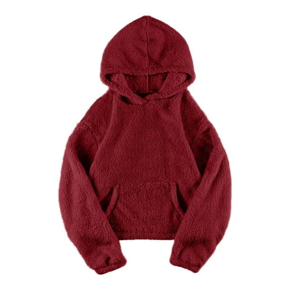 Brglopf Hoodies for Womens Lightweight Pullover Cropped Hoodie Fall Winter Warm Fuzzy Sherpa Fleece Hooded Sweatshirt with Pockets Wine XL