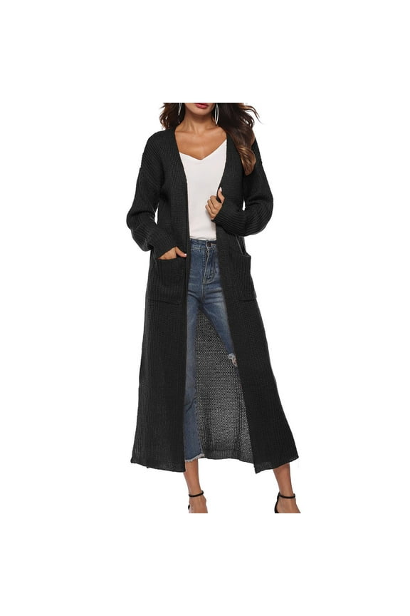 Long Cardigan Sweaters for Women Open Front Cable Knit Cardigans Long Sleeve Fall Casual Side Split Sweater Coat with Pockets(Black,XL)