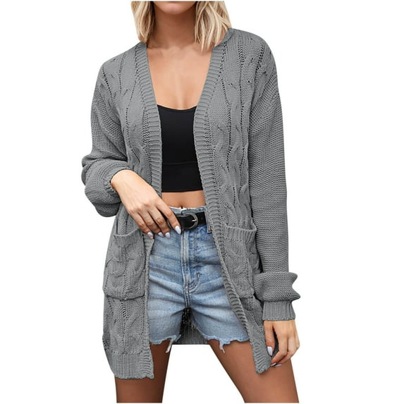 Brglopf Long Cardigans for Women Trendy Open Front Long Sleeves V-Neck Lightweight Fall Sweaters Knitted Outwear with Pockets(Gray,S)