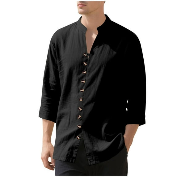 Brglopf Men's Cotton Linen Shirts Long Sleeve Button Down Shirt Vintage Banded Collar Casual Summer Beach Shirts Black XXL