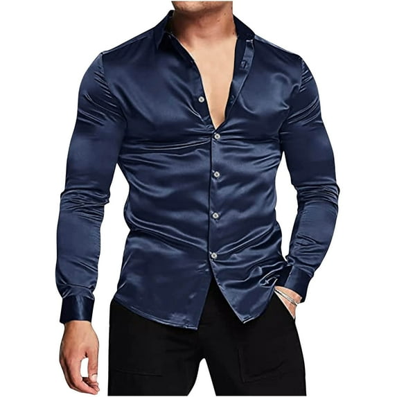 Brglopf Men's Dress Shirts Button Down V-Neck Party Wedding Silk Satin Shirt Long Sleeve Slim Fit Solid Color Muscle Shirts