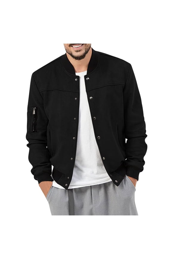 Men's Faux Suede Bomber Jacket Lightweight Button Down Jackets Vintage Casual Varsity Coat Trendy Outwear with Pockets