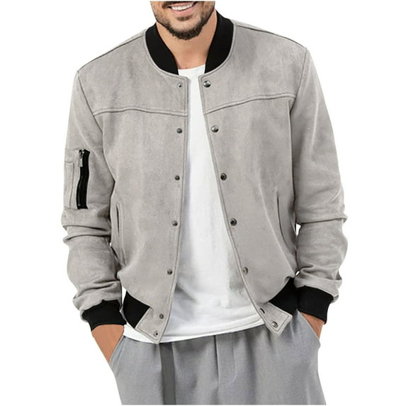 Brglopf Men's Faux Suede Bomber Jacket Lightweight Button Down Jackets Vintage Casual Varsity Coat Trendy Outwear with Pockets