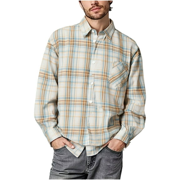 Brglopf Men's Flannel Shirts Classic Plaid Long Sleeve Shirt Soft Comfy Casual Fashion Button Down Shirts Jackets with Pocket Khaki L