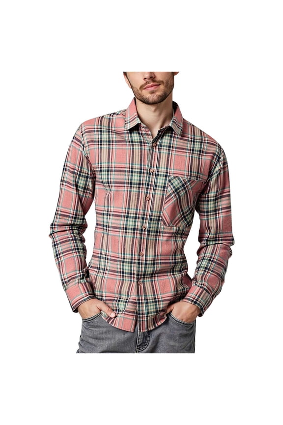 Men's Flannel Shirts Classic Plaid Long Sleeve Shirt Soft Comfy Casual Fashion Button Down Shirts Jackets with Pocket Pink 4XL