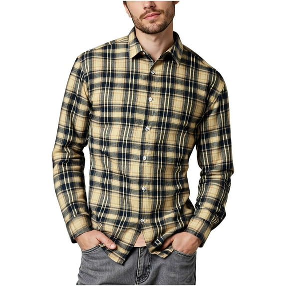 Brglopf Men's Flannel Shirts Classic Plaid Long Sleeve Shirt Soft Comfy Casual Fashion Button Down Shirts Jackets with Pocket Yellow L