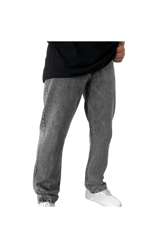 Men's Loose-Fit Straight Leg Jean Elastic Waist Straight Fit Denim Pants Casual Lightweight Zip up Trousers with Pockets