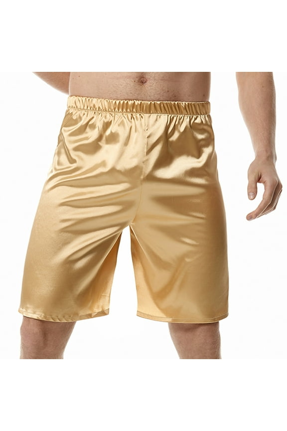 Men's Silk Satin Boxers Shorts Elastic Waist Pajama Bottom Shorts Loose Lounge Sleepwear Short Pants(Yellow,L)